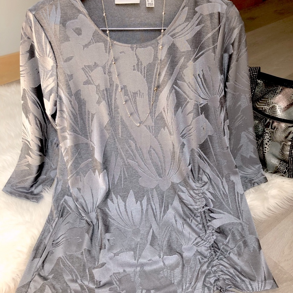 Susan Graver Silver Metallic Print Dressy Long Sleeve Top With Ruching Cinch Tie - Picture 3 of 6